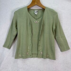 Vtg Clio Green Silk Blend Floral Embroidered Cardigan Tank Knit Twinset Womens S